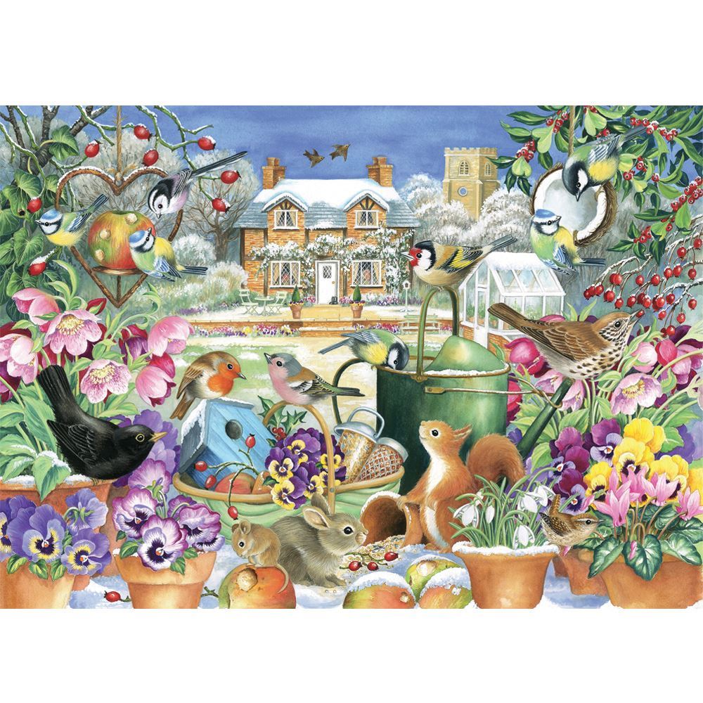 Holdson Puzzle featuring a winter garden scene by Claire Comerford, perfect for ages 8+, with 500 extra large pieces.