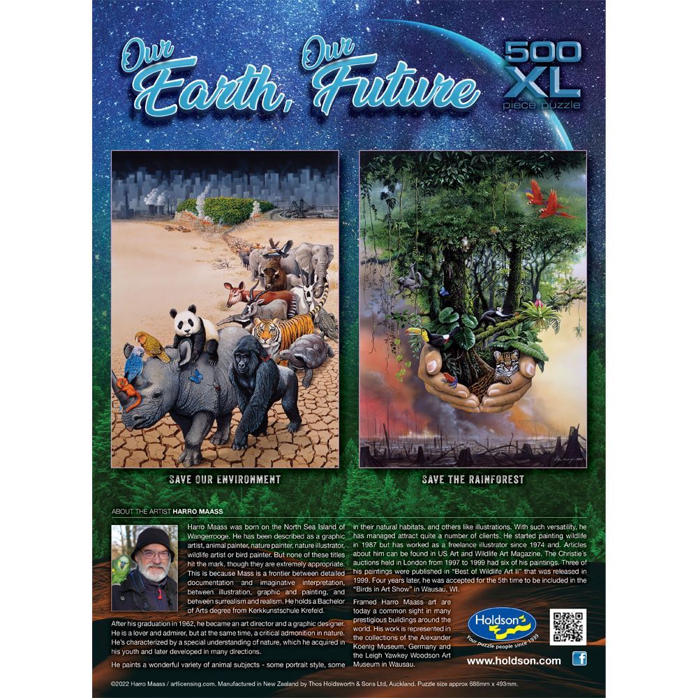 Colorful Holdson 500XL puzzle titled 'Save Our Environment,' showcasing stunning nature art by Harro Maass for eco-conscious puzzlers.