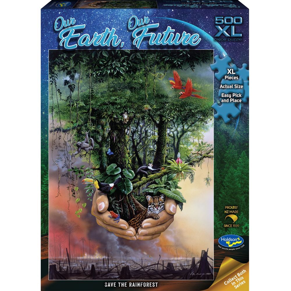 Eco-friendly 500XLpc puzzle featuring Harro Maass's vibrant rainforest artwork, promoting environmental awareness and family fun.