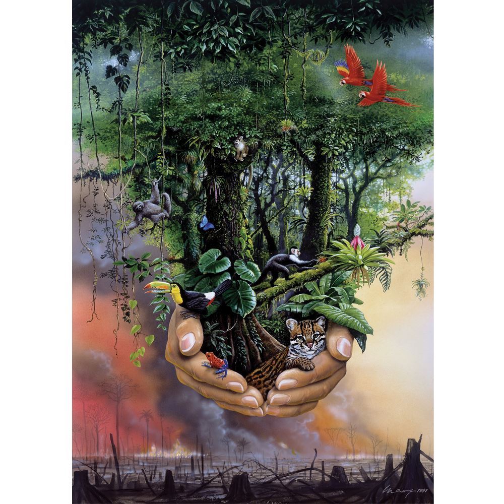 Holdson 500XLpc puzzle featuring Harro Maass's vibrant rainforest art, promoting eco-awareness and family fun.