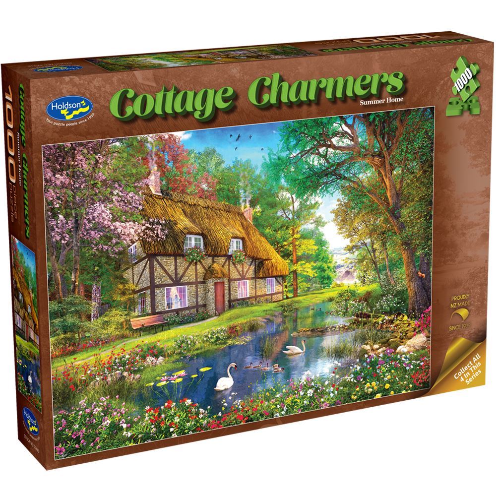 Idyllic summer cottage scene puzzle featuring charming homes and vibrant gardens, made from eco-friendly materials.