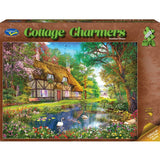 Colorful 1000-piece jigsaw puzzle showcasing charming cottages and scenic gardens, perfect for nature lovers and family fun.