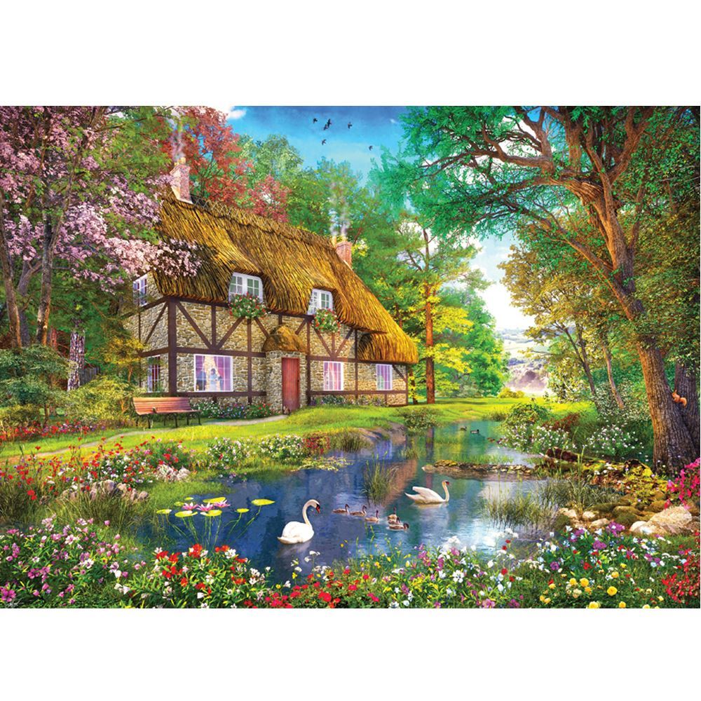 A 1000-piece Holdson puzzle featuring idyllic summer cottages and gardens, made from eco-friendly materials.