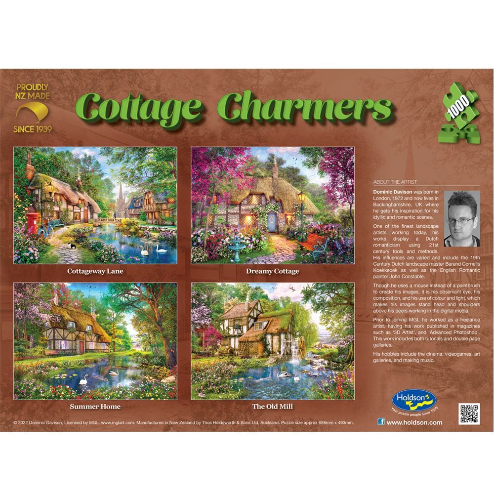 Colorful 1000-piece puzzle of charming cottages and gardens, perfect for nature lovers and family fun.