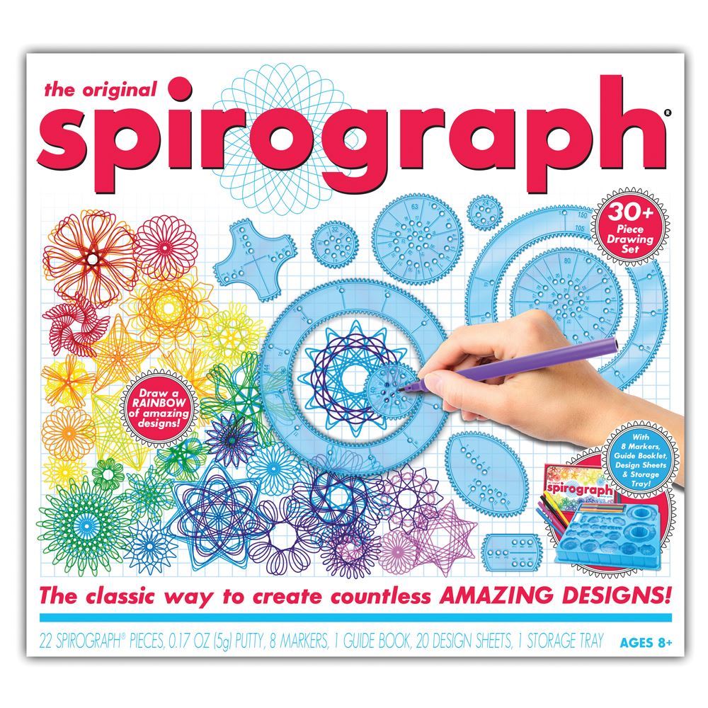 Spirograph kit with markers for creating intricate geometric designs, enhancing creativity and fine motor skills.