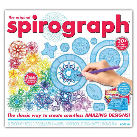 Spirograph kit with markers for creating intricate geometric designs, enhancing creativity and fine motor skills.