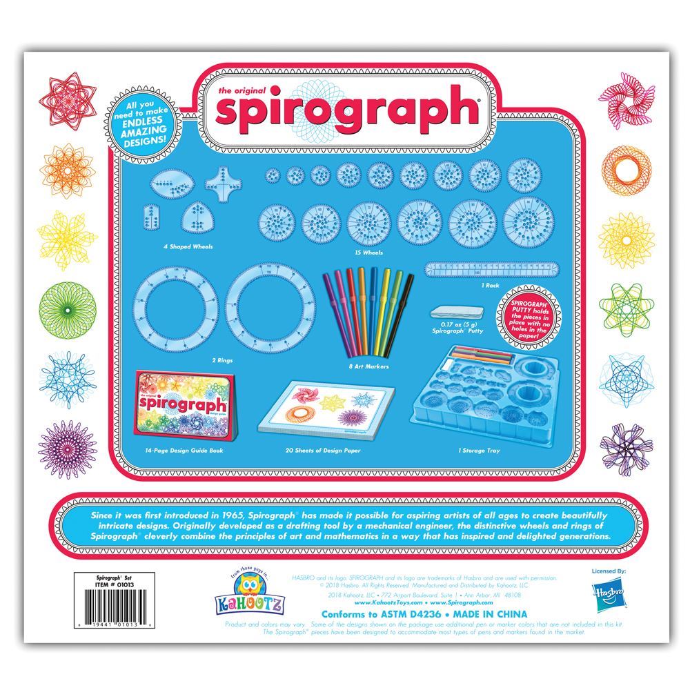 Spirograph kit with markers for creating intricate geometric designs, enhancing creativity and fine motor skills for ages 8+.