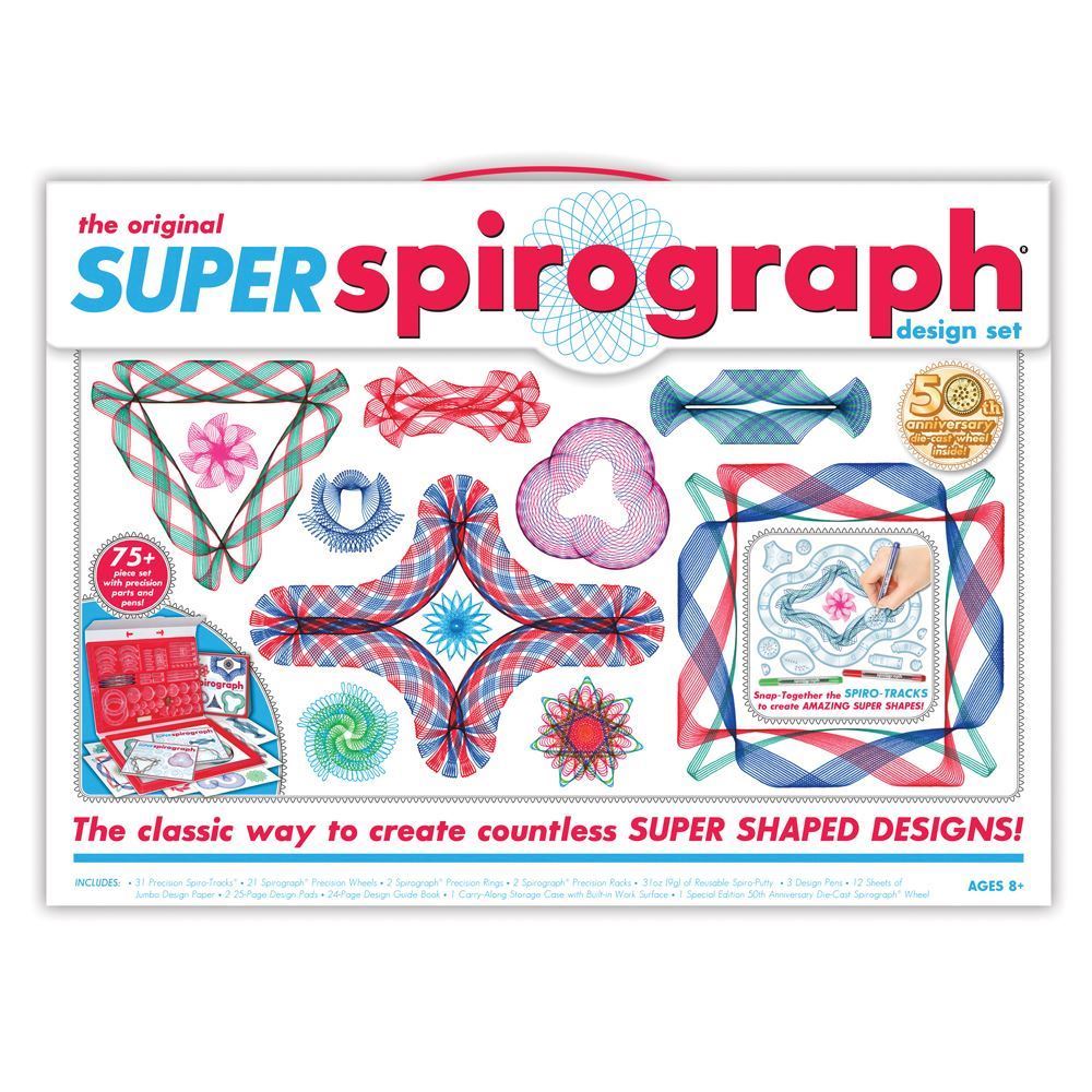 Spirograph Super Kit with 75+ pieces, including die-cast wheel, for creating intricate geometric designs and patterns.