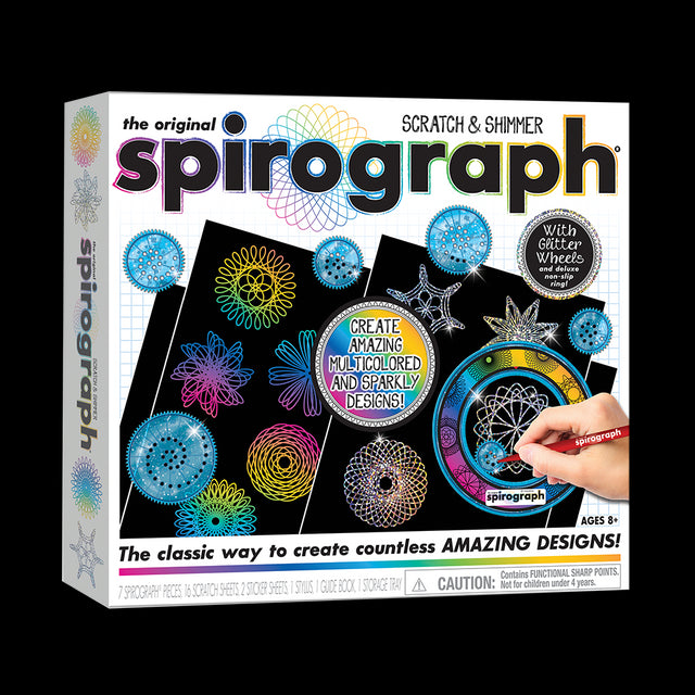 Spirograph art kit with stylus, glitter wheels, and scratch papers for vibrant designs; perfect for kids aged 8+.