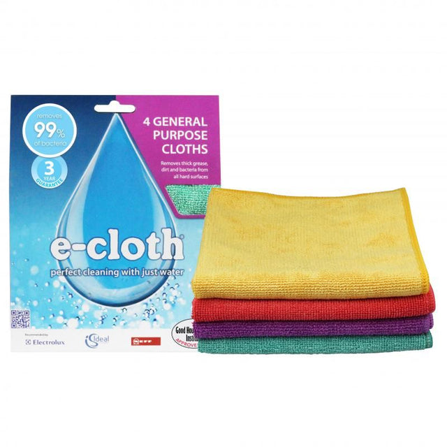 Set of 4 E-Cloth General Purpose Cloths, designed for effective cleaning with water, removing dirt and over 99% of bacteria.