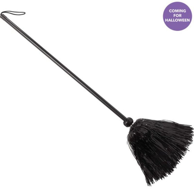 Tinsel Witch Black Broom with sparkling tinsel accents, perfect for Halloween décor, parties, and witch-themed events.