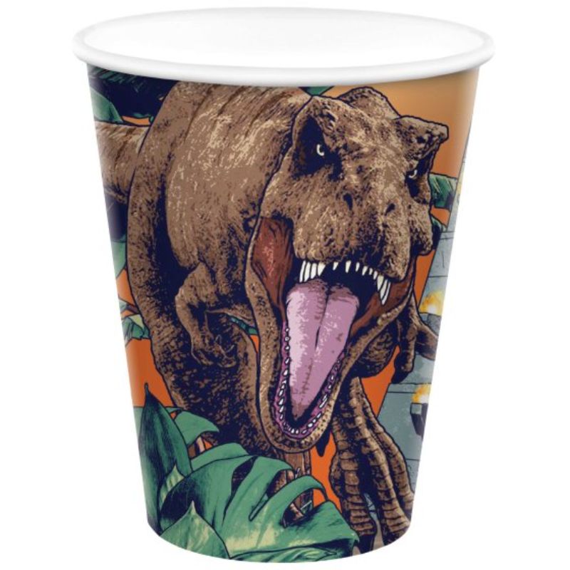 Vibrant Jurassic-themed paper cups for dinosaur parties, ideal for serving hot or cold beverages at celebrations. Set of 8.