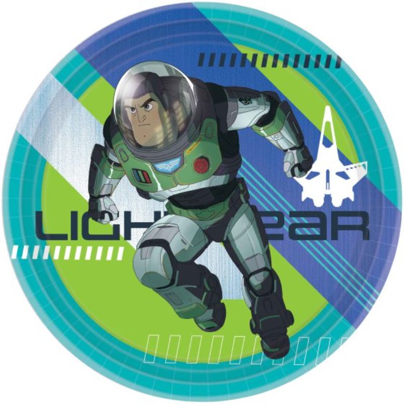 Colorful Buzz Lightyear paper plates set of 8, perfect for kids' birthday parties and themed celebrations.