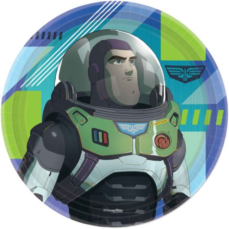 "Set of 8 Buzz Lightyear paper plates, 7"/17cm, featuring vibrant design for kids' space-themed parties and easy cleanup."