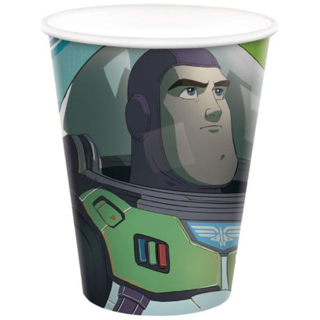 Set of 8 Buzz Lightyear paper cups, 9oz, colorful and sturdy for space-themed parties and beverages.