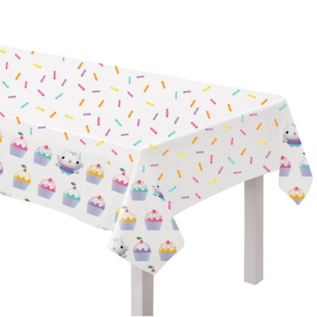 Vibrant Gabby's Dollhouse paper tablecover, perfect for themed parties, protecting tables while adding fun decor.