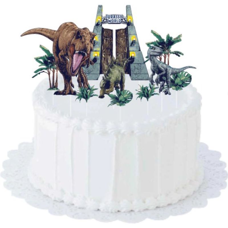 Jurassic dinosaur cake topper kit with 10 vibrant pieces, perfect for themed parties and celebrations.