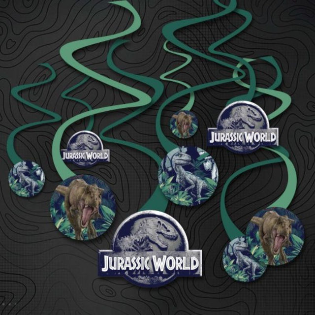 Colorful spiral swirls with dinosaur designs, perfect for creating a whimsical Jurassic-themed party atmosphere.