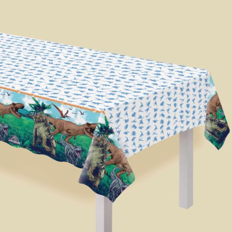 Vibrant Jurassic Into The Wild Paper Tablecover, 137cm x 243cm, perfect for dinosaur-themed parties and easy clean-up.