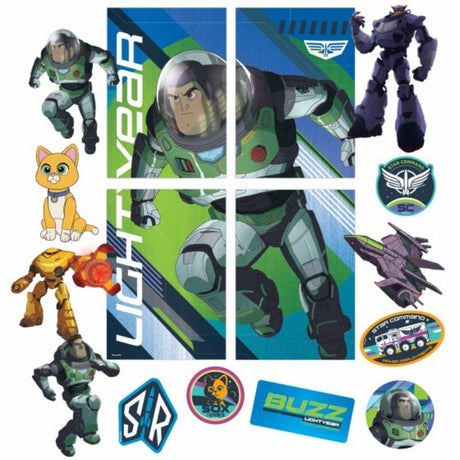 Buzz Lightyear scene setters with 4 large backdrops and 12 props for fun party decorations and immersive play.