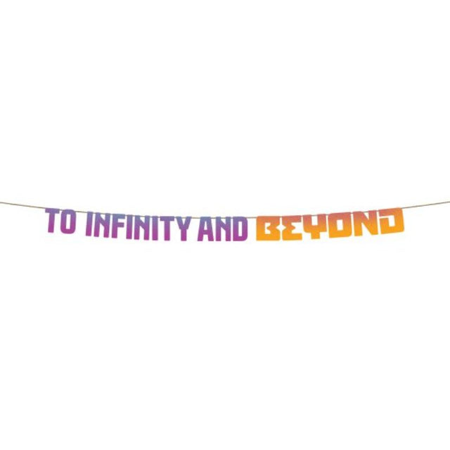 Buzz Lightyear "To Infinity And Beyond" letter banner, colorful cardboard decoration for Toy Story themed parties.