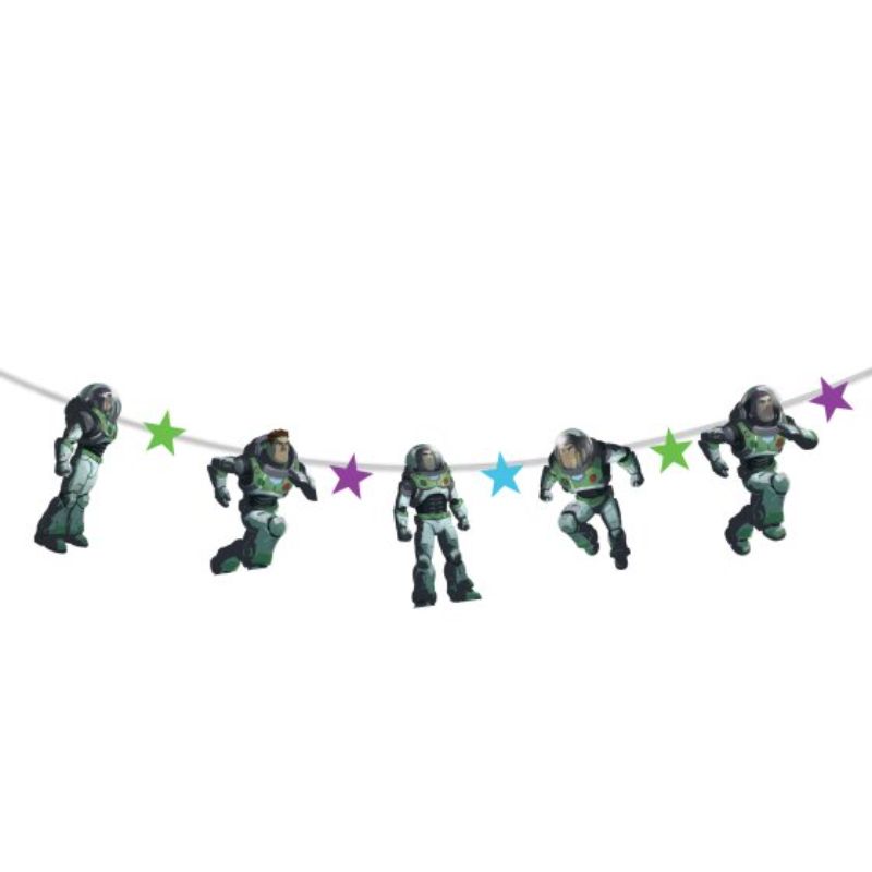 Buzz Lightyear Garland Banner, 2.8m cardboard decoration for cosmic-themed parties and kids' rooms.