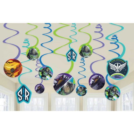 Colorful Buzz Lightyear spiral swirls decorations, perfect for parties and themed events, set of 12, made of sturdy cardboard.