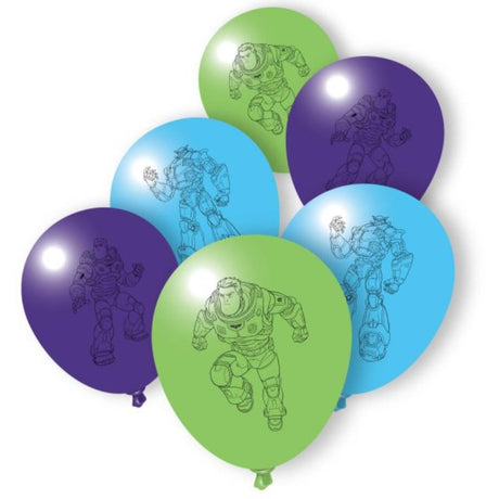 Vibrant Buzz Lightyear latex balloons set of 6, perfect for space-themed parties and celebrations, durable and easy to inflate.