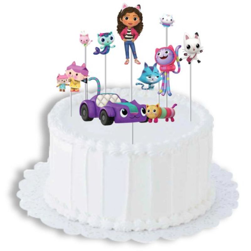 Vibrant Gabby's Dollhouse Cake Topper Kit featuring 8 adorable characters for birthday celebrations and themed parties.