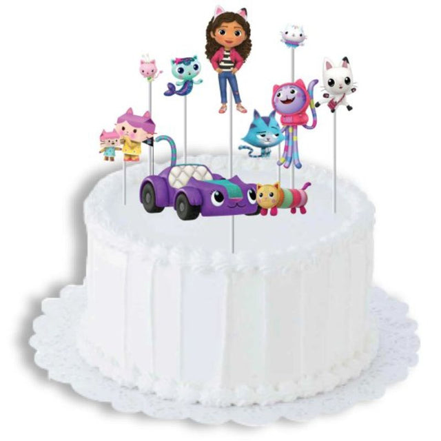 Vibrant Gabby's Dollhouse Cake Topper Kit featuring 8 adorable characters for birthday celebrations and themed parties.