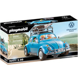 Bright blue Playmobil Volkswagen Beetle with removable roof, equipped with interior details, figures, and beach gear.