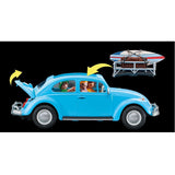 Playmobil Volkswagen Beetle in vibrant blue with removable roof, detailed interior, and surfboard for imaginative beach play.