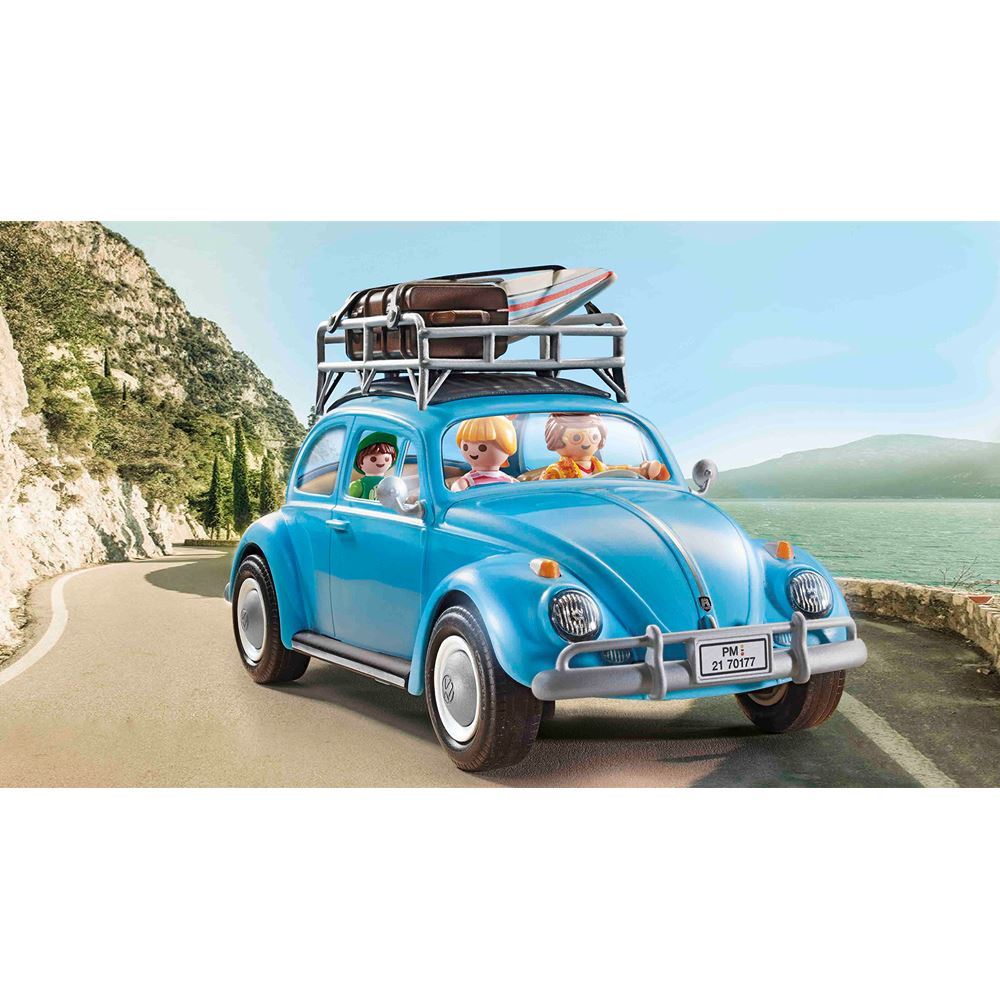 Classic blue Playmobil Volkswagen Beetle with removable roof, detailed interior, and accessories for imaginative beach adventures.