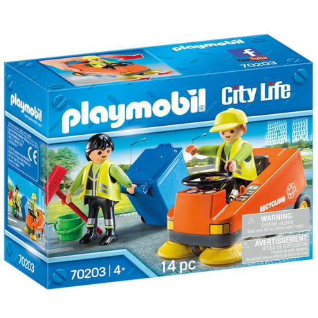 Playmobil Street Sweeper set with city cleaners, rotating brushes, garbage can, and accessories for imaginative play. Suitable for ages 4+.