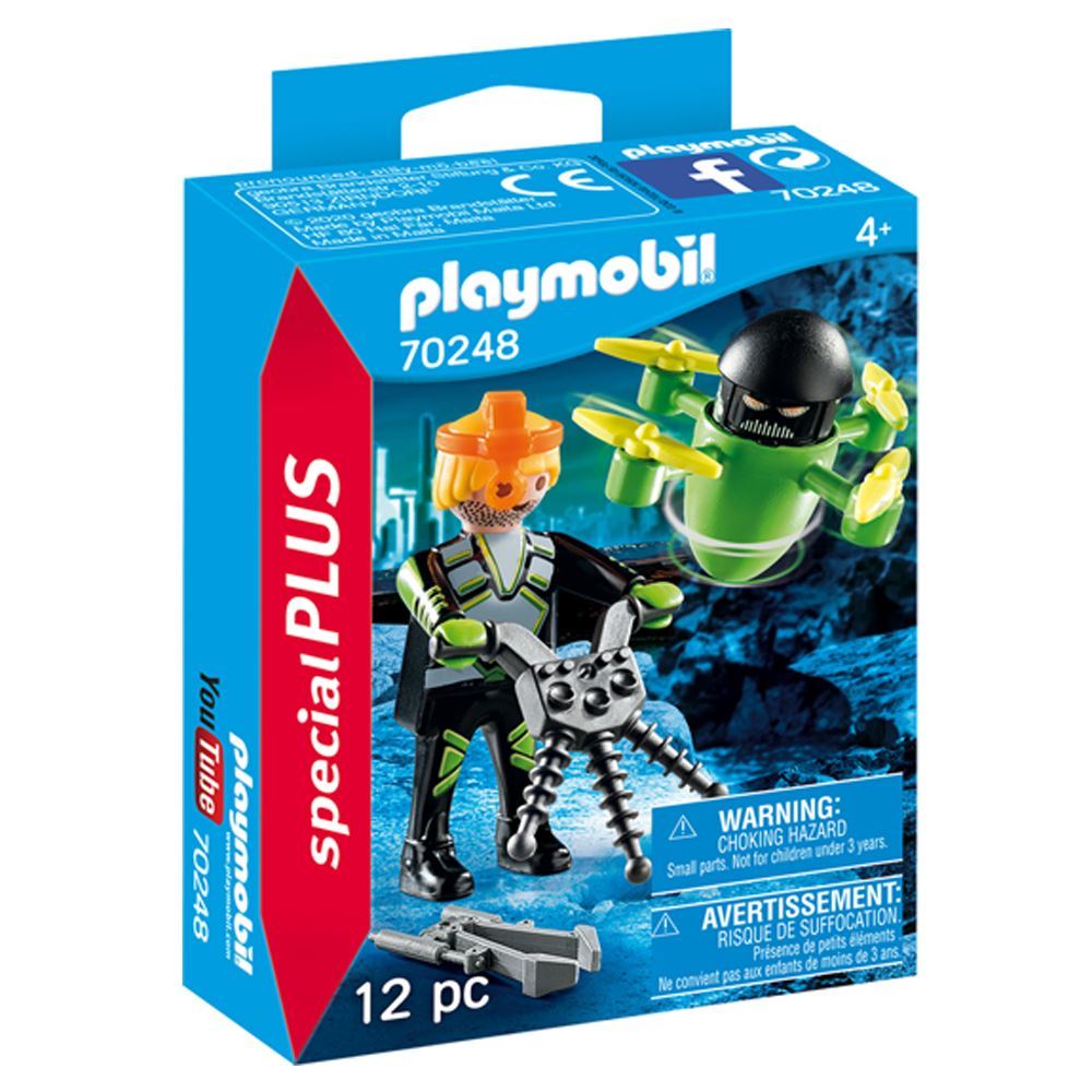 Playmobil Agent with Drone set featuring a detailed agent figure and a high-tech drone, encouraging creative play for kids 4+.