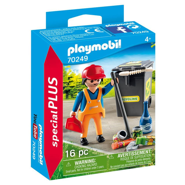 PLAYMOBIL Street Cleaner set with character and tools, teaching kids about cleanliness and recycling through imaginative play.