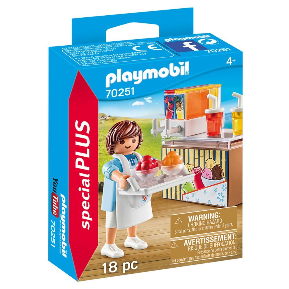 Playmobil Street Vendor set featuring a friendly vendor selling colorful slush ice cream for imaginative summer play.