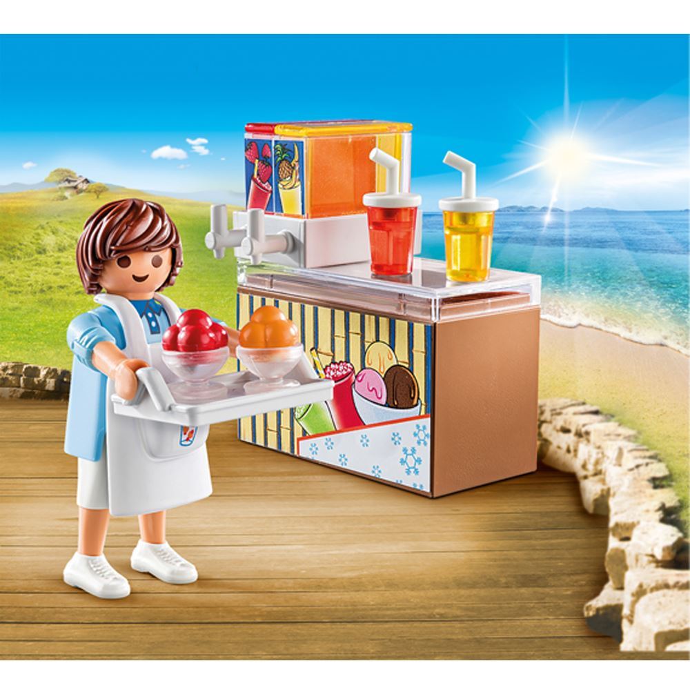 Playmobil Street Vendor set featuring a friendly seller with colorful slush ice cream for imaginative summer play.