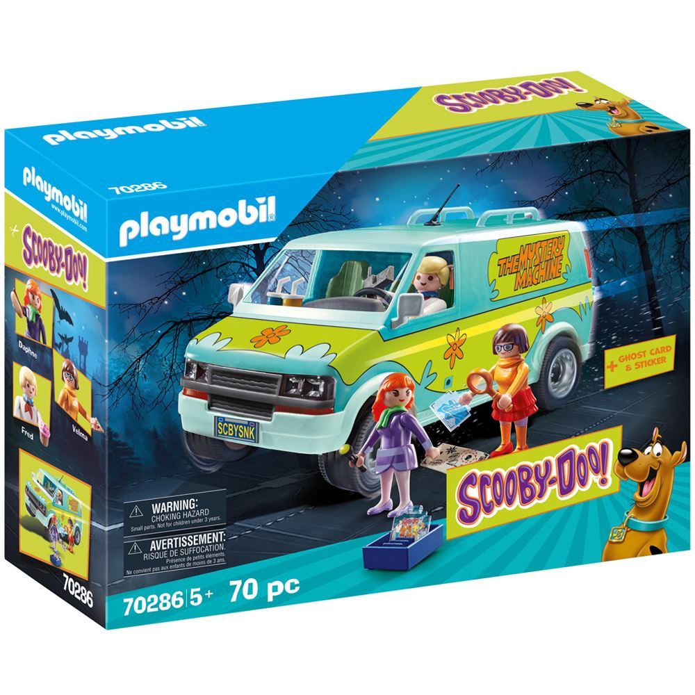 Playmobil Scooby-Doo Mystery Machine set featuring 70 pieces, encouraging imaginative adventures with Scooby and friends.