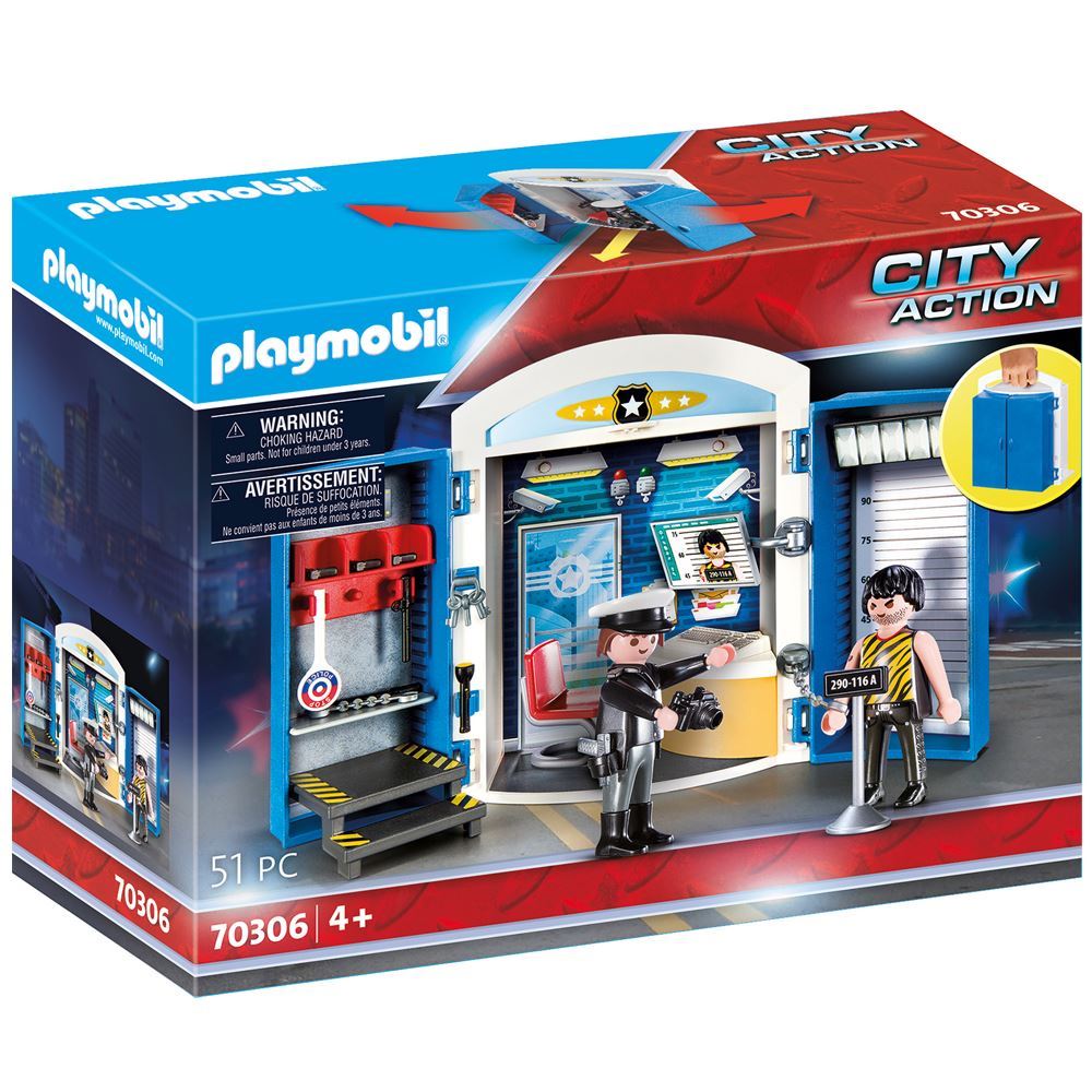 Playmobil Police Station Play Box with two figures, accessories, and portable storage for imaginative law enforcement play.