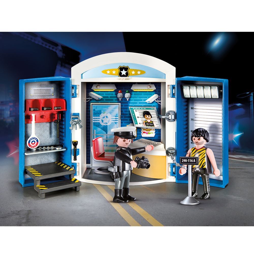 Playmobil Police Station Play Box with figures, accessories, and portable design for imaginative law enforcement play.