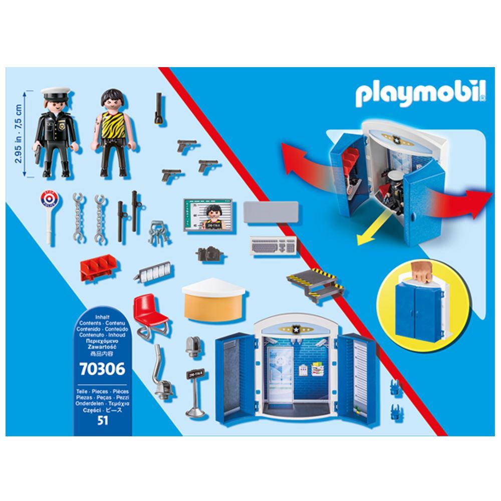 Playmobil Police Station Play Box featuring figures, accessories, and portable design for imaginative law enforcement play.