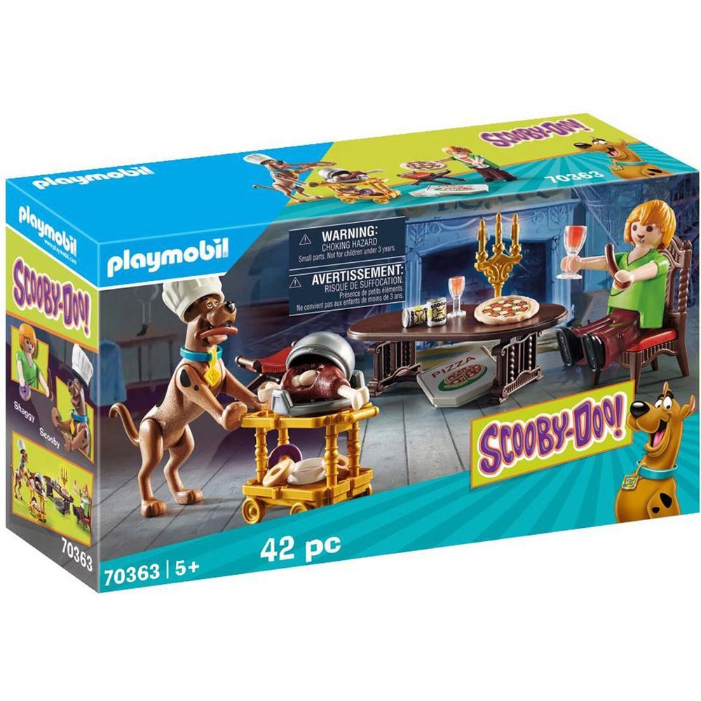 Playmobil Scooby-Doo set features Scooby and Shaggy enjoying a meal with a food cart full of snacks and playful accessories.