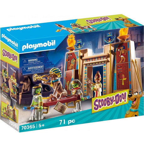 Playmobil Scooby-Doo Adventure in Egypt set with Scooby, Shaggy, and Velma exploring a tomb with secret doors and collectibles.