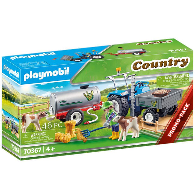 Playmobil Loading Tractor with Water Tank set featuring a farmer, two calves, and accessories for imaginative farm play.