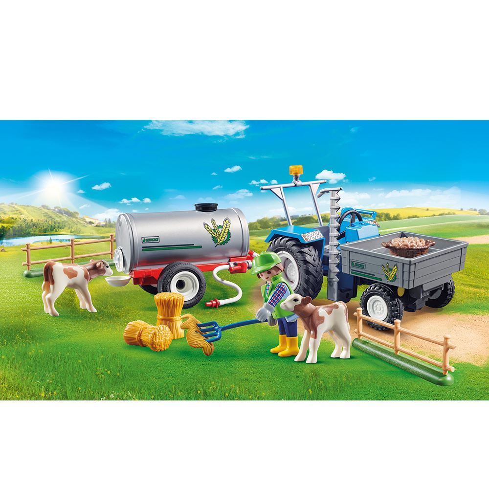 Playmobil Loading Tractor with Water Tank playset featuring a farmer, calves, and accessories for imaginative farm adventures.