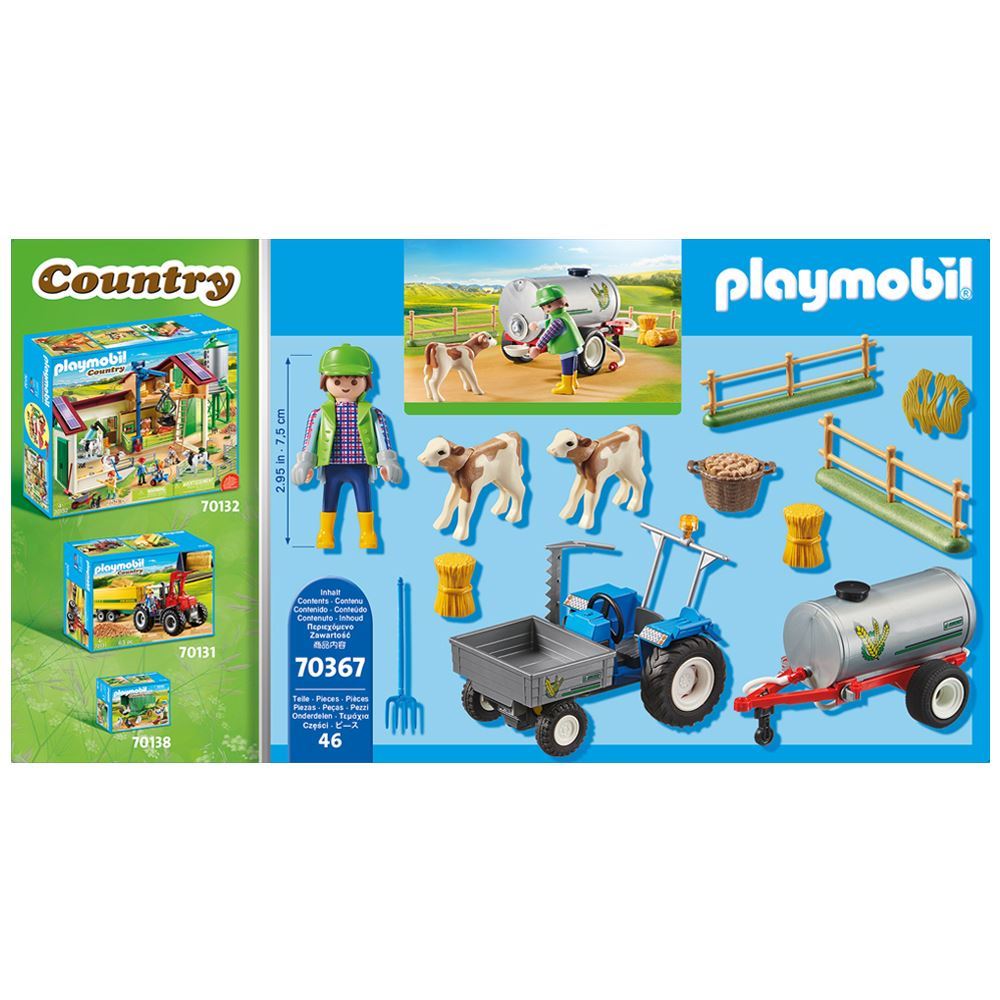 Colorful Playmobil loading tractor with detachable water tank, farmer figure, and calves for imaginative farm play.