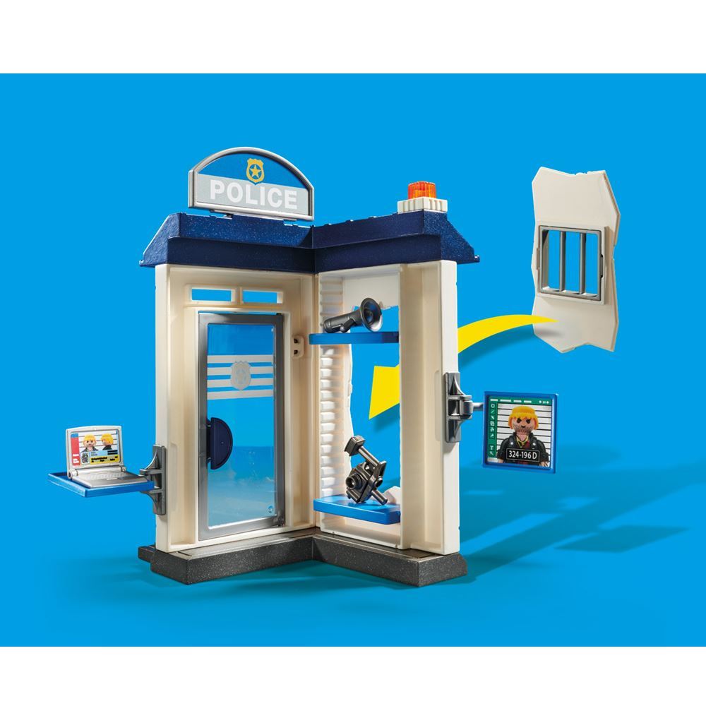 Playmobil Large Police Station Set featuring police figures, accessories, and a chase scene for imaginative role-playing fun.