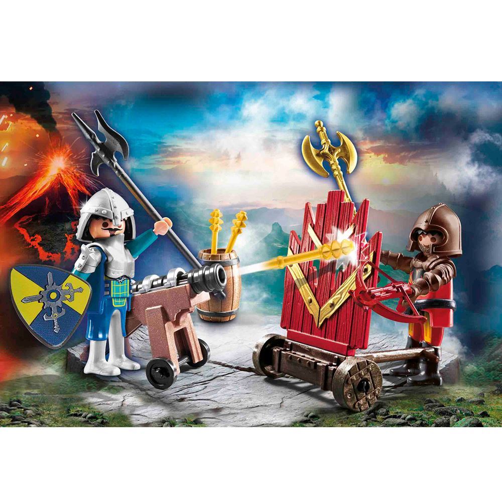 Playmobil Small Novelmore Knights Duel Set featuring two figures, a cannon, protection shield, and accessories for imaginative battles.