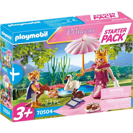 Playmobil Small Royal Picnic Set with Queen, Prince, swan, rabbits, picnic blanket, and hobbyhorse, perfect for imaginative play.